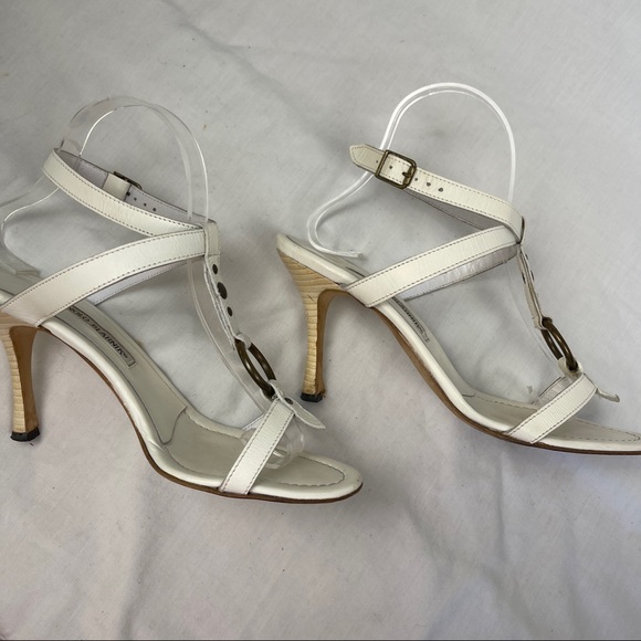 Manolo Blahnik White Studded T-strap Ankle Wrap Heels - Picture 8 of 10